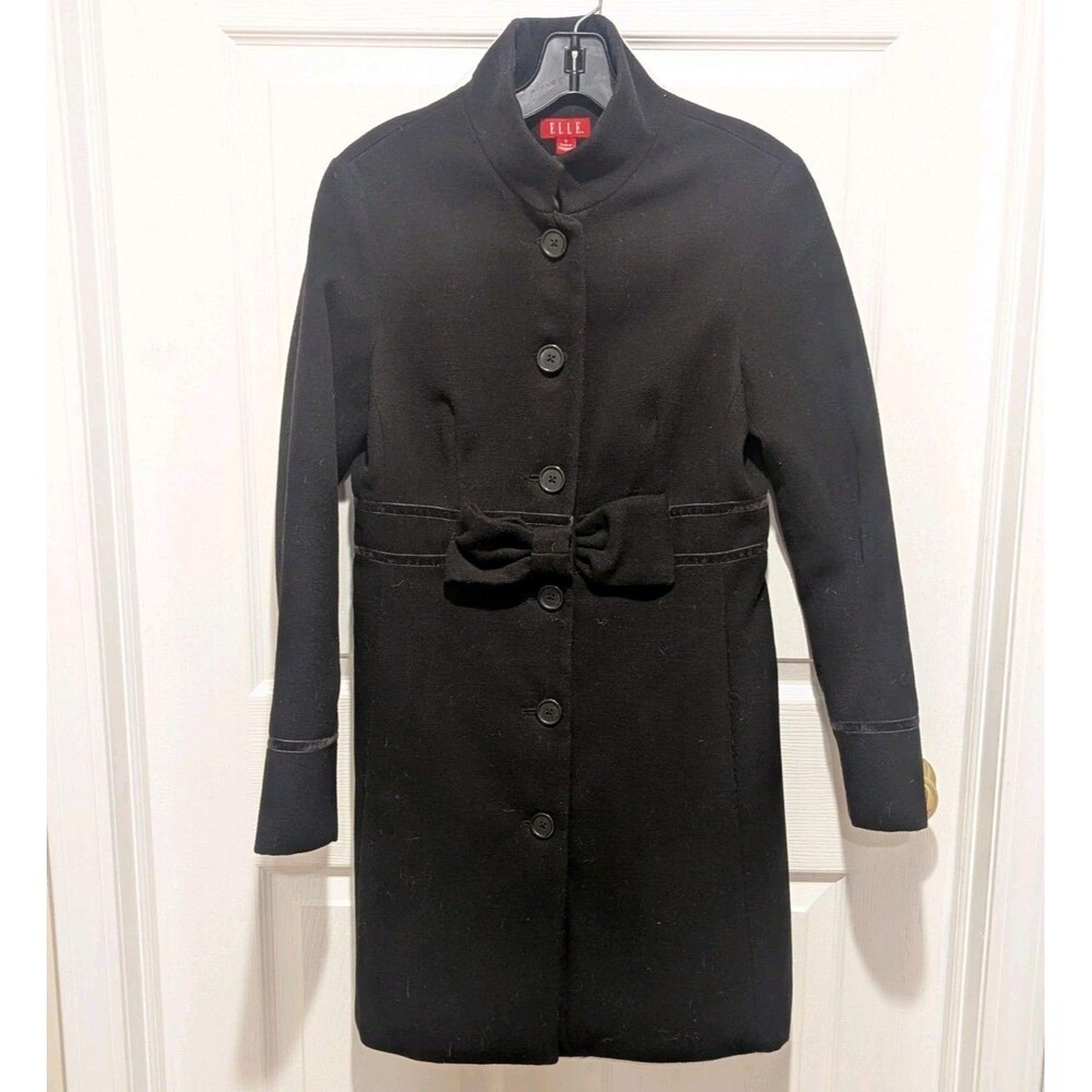 Elle Size Small Black Button Up Peacoat With Bow‎ Coat Preppy Timeless Old Money